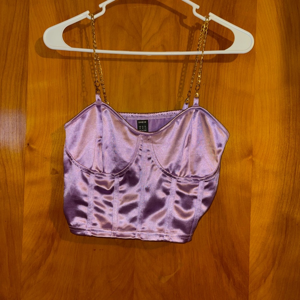 SHEIN Lavender Satin Crop Top with Gold Chain Straps